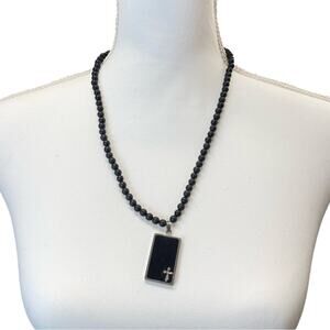 Silver Tone & Black Bead Rosary Beaded Long Necklace Cross Religious Jewelry